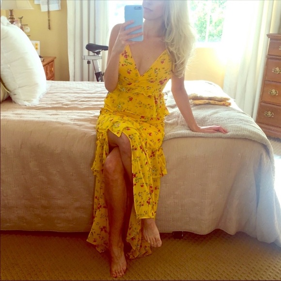 LULU’S Sexy Long Yellow Floral Chiffon Maxi Dress - Picture 2 of 6
